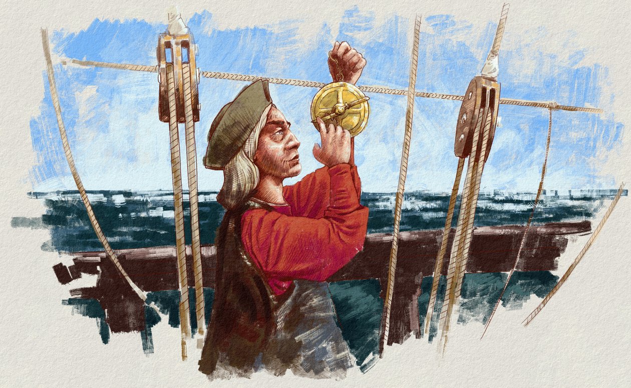 Christopher Columbus beräknar rutten med en astrolabium (illustration) av Alessandro Lonati