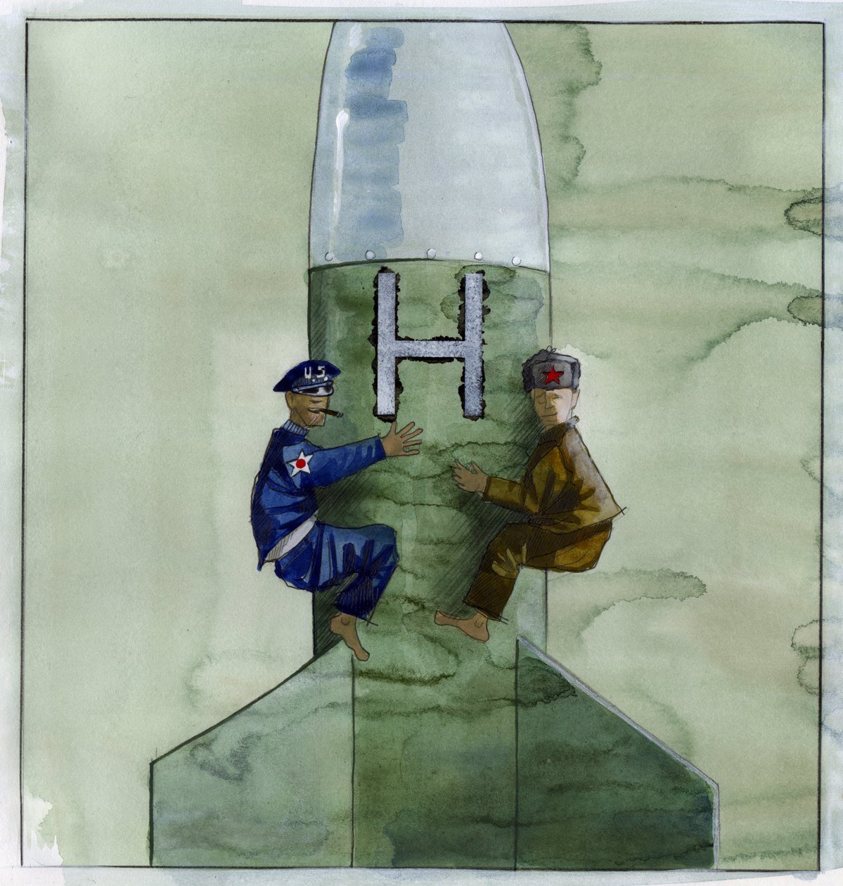 Kalla kriget: en amerikan och en sovjetisk officer som klamrar sig fast vid en kärnvapenmissil Illustration av Alessandro Lonati av Alessandro Lonati