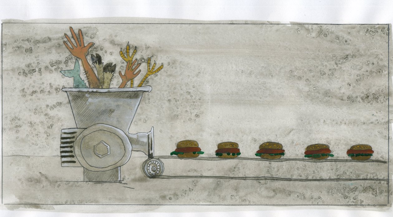 Konsumentsamhället: produktion av skräpmat, hamburgare gjord av mänskliga och animaliska rester (konsumtion: produktion av skräpmat, hamburgare gjord av mänskliga och djurrester) Illustration av Alessandro Lonati av Alessandro Lonati