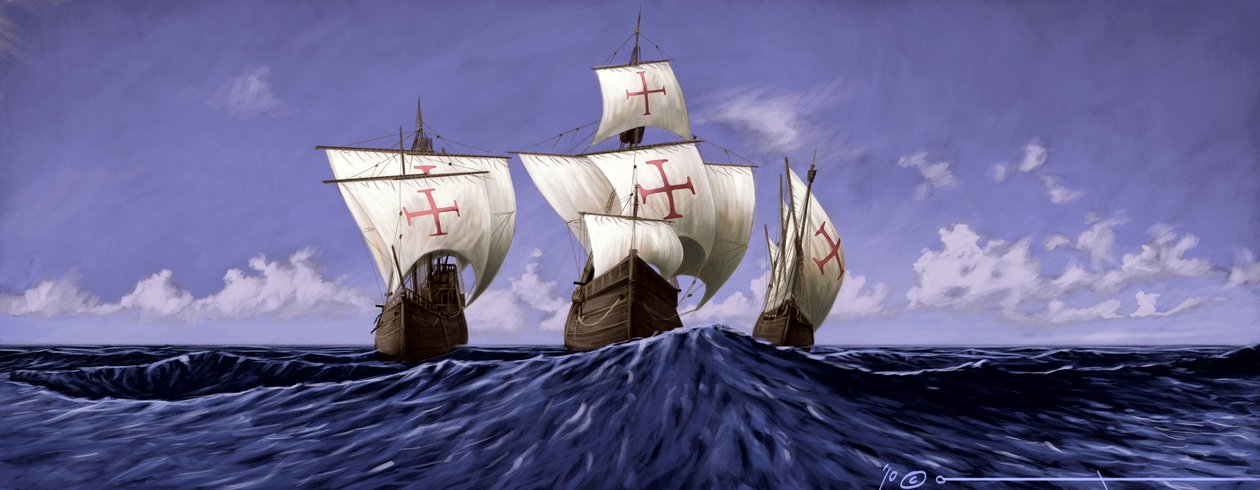 Upptäck Amerika: "Pinta", "Nina" och "Santa Maria", Christopher Columbus karaveller under expeditionen 1492. Illustration av Alesandro Lonati. 2010 av Alessandro Lonati