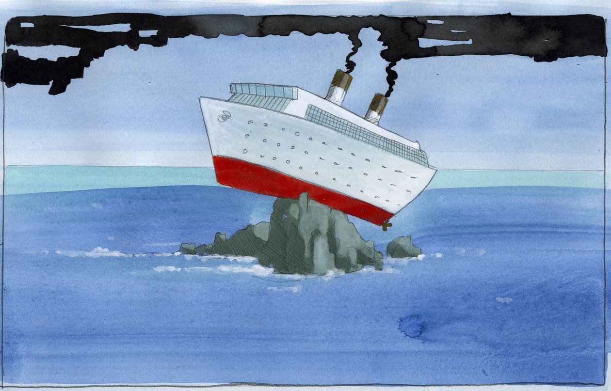 Ekologi: Noahs båge som ett förorenande kryssningsfartyg strandsatt på ett rev Illustration av Alessandro Lonati av Alessandro Lonati