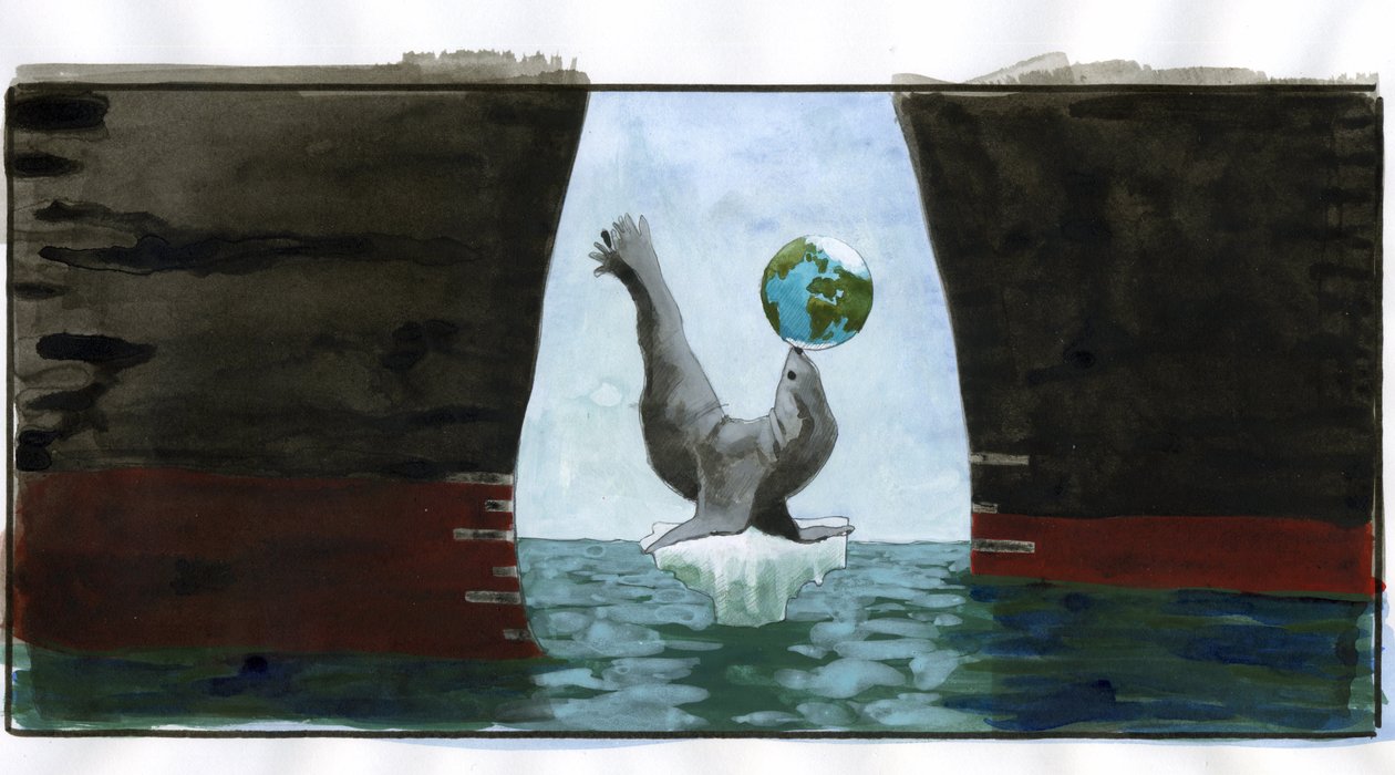 Ekologi och klimatuppvärmning: smältande is, en säl som leker med planeten på sin nos, vilar på den sista lilla toppen av isberget; runt den hotar oljetankers skrov - allegori som representerar planeten i jämvikt (ekologi, global varning, hav av Alessandro Lonati