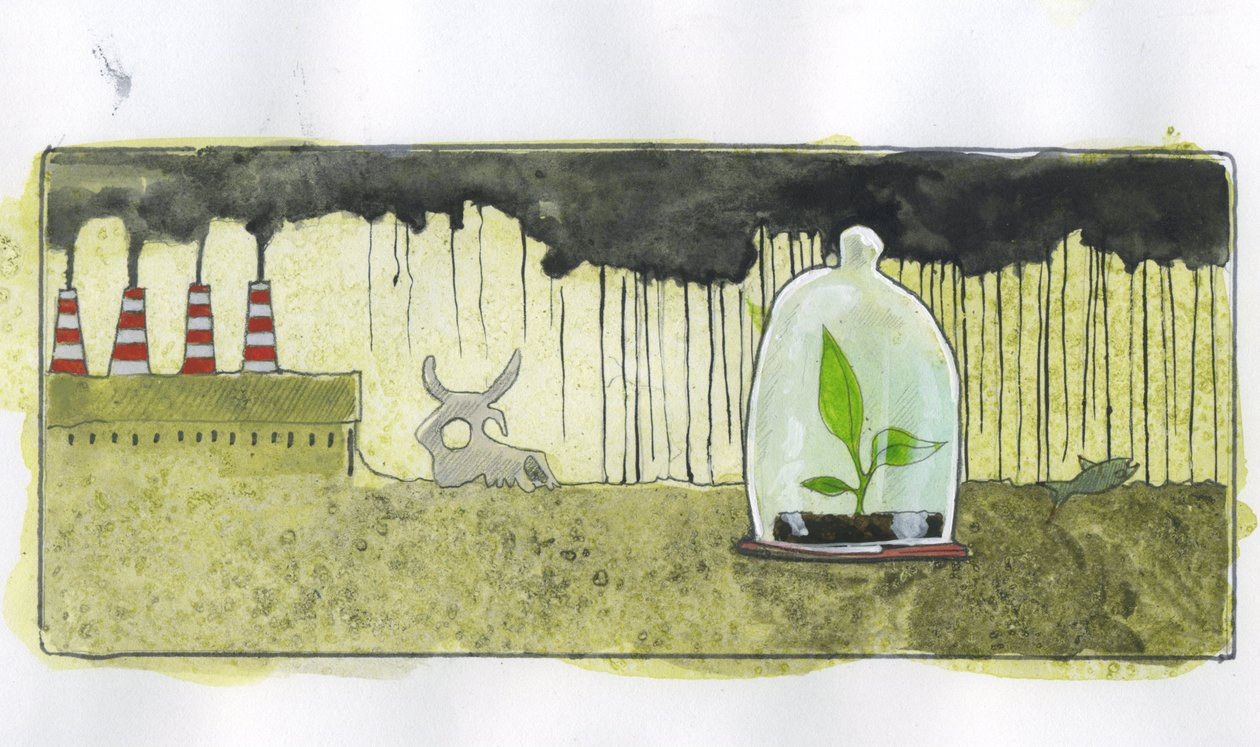 Ekologi, föroreningar: en liten grön växt som hålls i en klocka omgiven av djurskelett, i en miljö förorenad av fabriksskorstenar Illustration av Alessandro Lonati av Alessandro Lonati