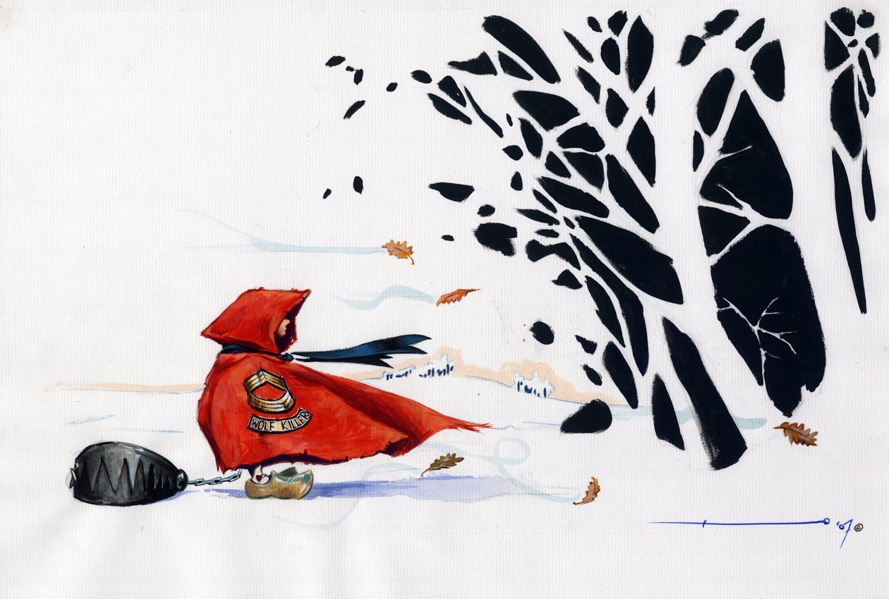 Fable of the Little Red Riding Hood av Charles Perrault (1628-1703) återbesökt: Rödluvan kommer in i skogen med en vargfälla som är mycket farlig för beten. Teckning av Alessandro Lonati av Alessandro Lonati