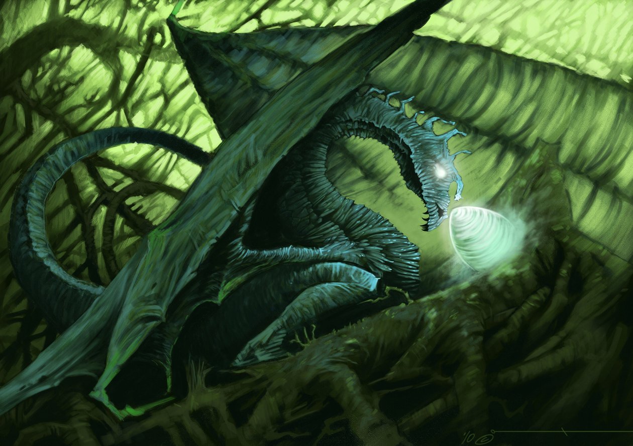 Fantastisk varelse: en drake som skyddar sitt ägg. Illustration av Alesandro Lonati. 2010 av Alessandro Lonati