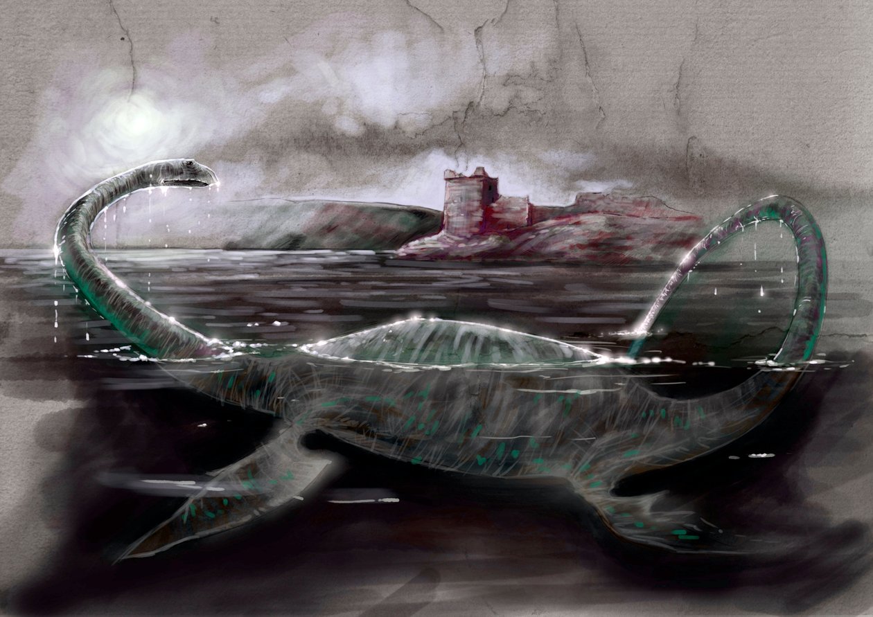 Fantastiska monster och varelser, kryptozoologi: representation av Nessie, Loch Ness-monstret i Skottland - Teckning av Alessandro Lonati, 2012 av Alessandro Lonati