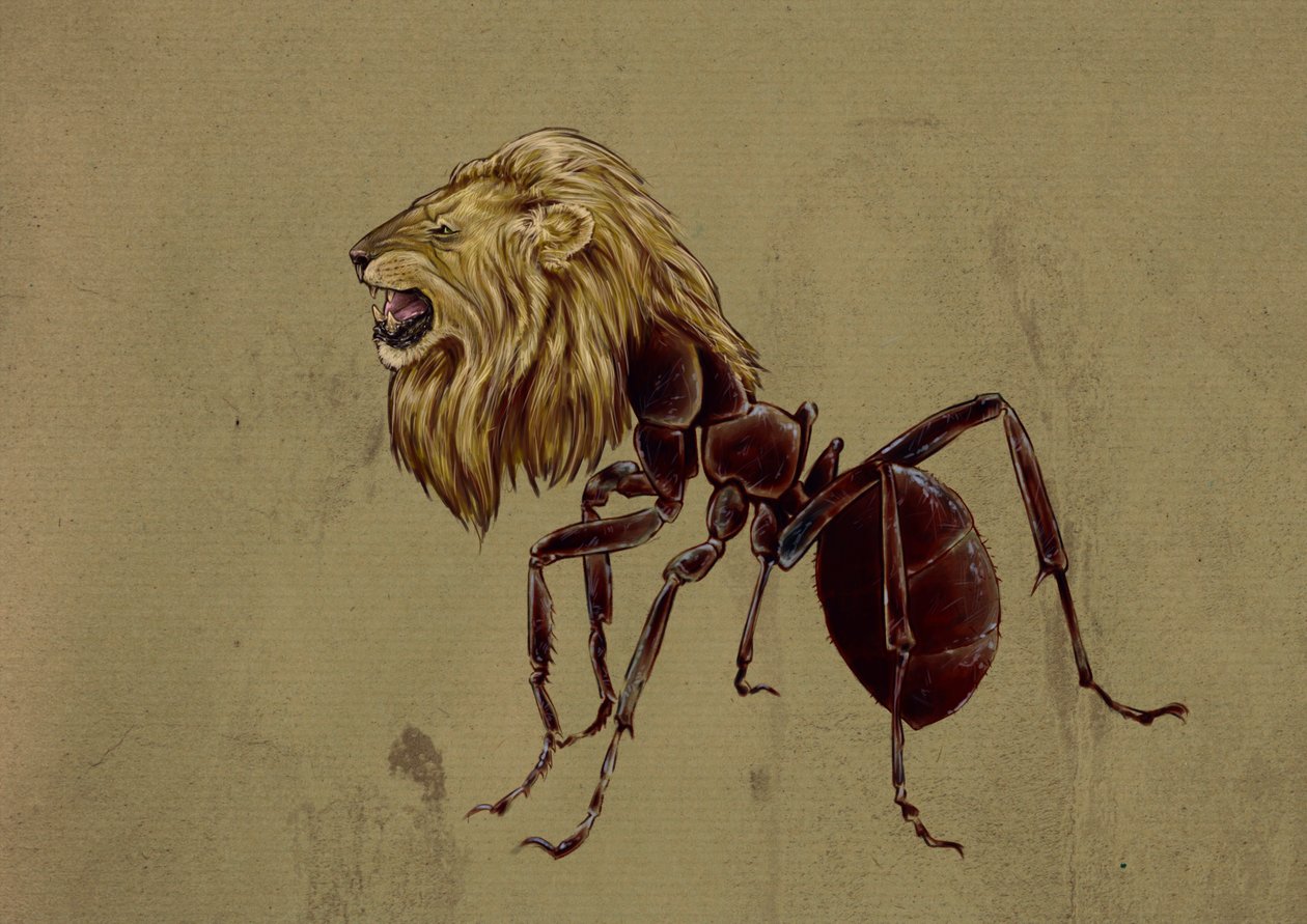 Fantastiska monster och varelser, kryptozoologi: representation av en Myrmecoleon, myra med lejonhuvud - Teckning av Alessandro Lonati, 2012 av Alessandro Lonati