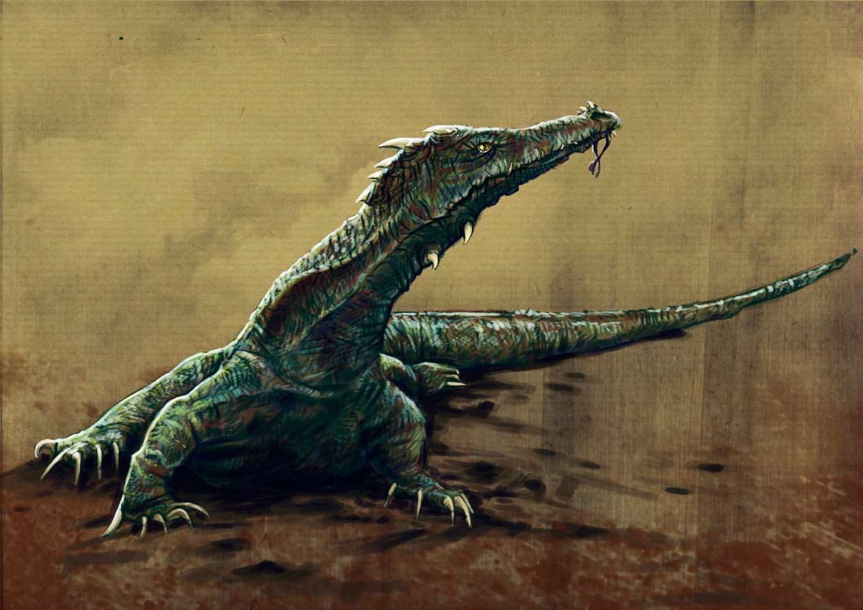 Fantastiska monster och varelser, kryptozoologi: föreställning av en buru, en stor lezard som skulle ha setts i nordöstra Indien - Teckning av Alessandro Lonati, 2012 av Alessandro Lonati