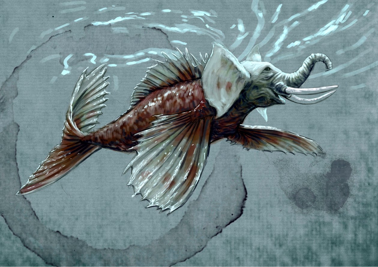 Fantastiska monster och varelser, kryptozoologi: representation av ett makara, vattenlevande djur från Indiens mytologiska bestiarium, den har en snabel som för den närmare havselefanten, krokodilens tand och en fisksvans - Teckning av Alessandro Lon av Alessandro Lonati