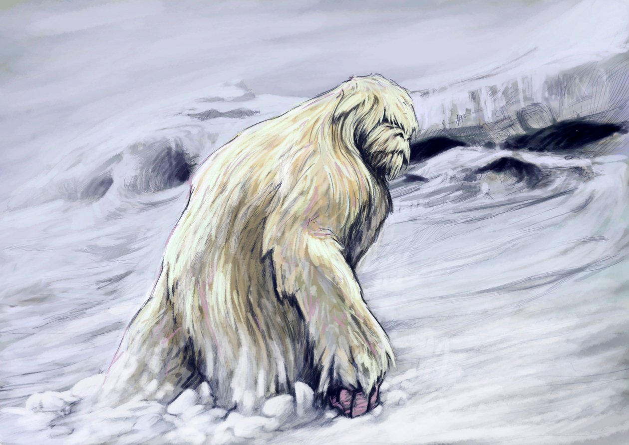 Fantastiska monster och varelser, kryptozoologi: representation av en yeti eller "avskyvärd snögubbe" antropomorf varelse från folkloren i Himalaya-regionen (Yeti eller avskyvärda snögubbe är en apliknande kryptid som sägs befolka Himalaya-regionen Ne av Alessandro Lonati