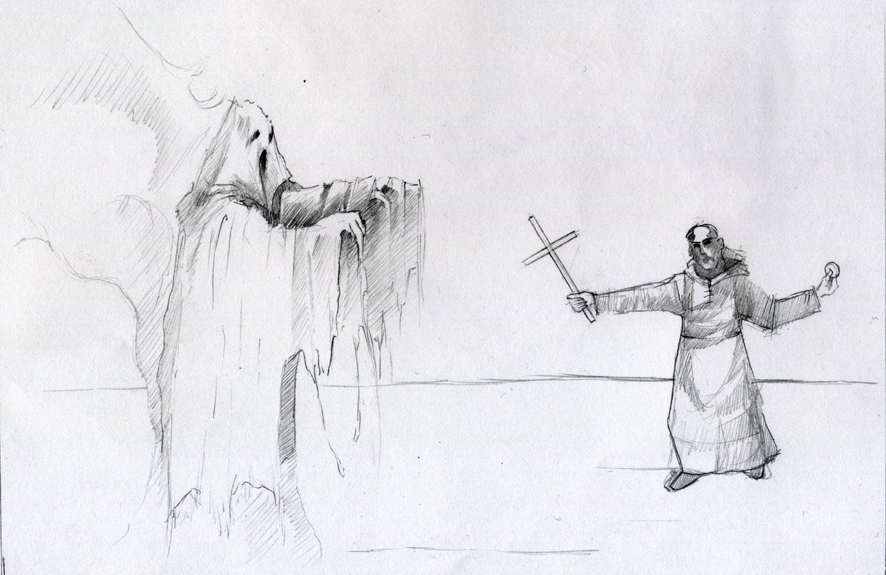 Slåss mellan en munk som håller ett krucifix och ett spöke Illustration av Alessandro Lonati av Alessandro Lonati