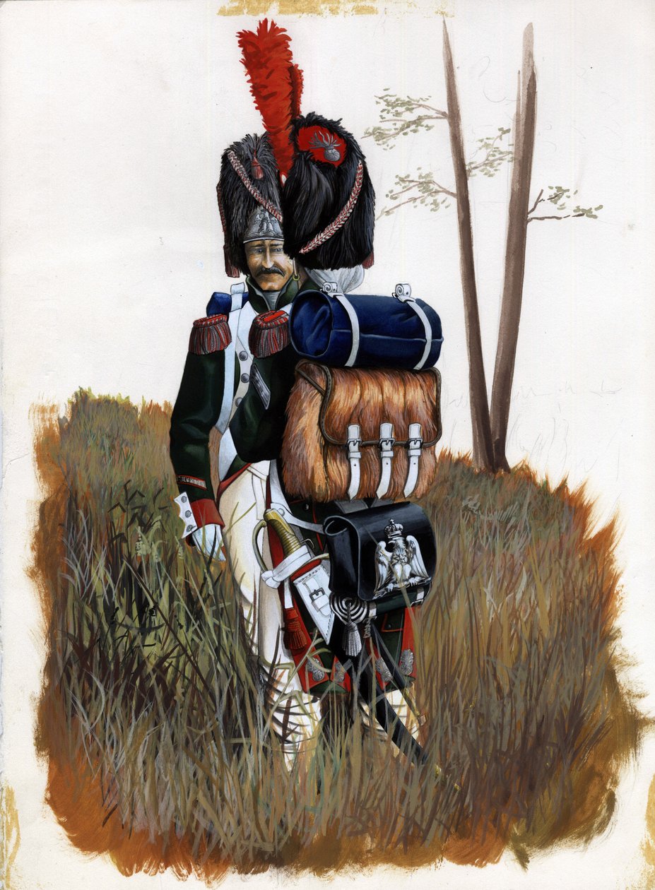 Första imperiet (1804-1814 och 1815): Grenadjärsoldater från Royal Guard of the Great Napoleonic Armee i Italien. Teckning av Alessandro Lonati av Alessandro Lonati