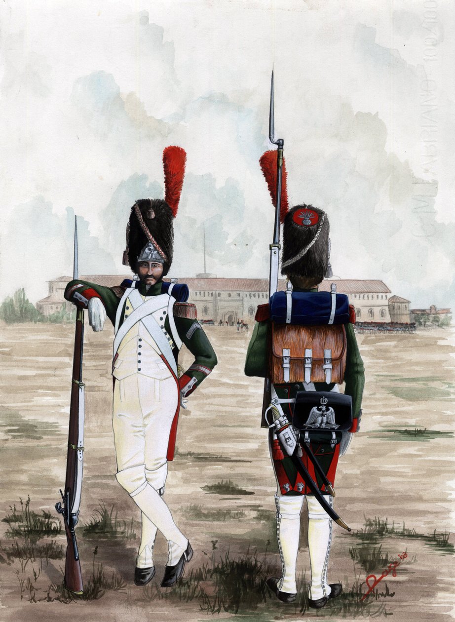 Första imperiet (1804-1814 och 1815): Grenadjärsoldater från Royal Guard of the Great Napoleonic Armee på torget i Sforzesco Castle i Milano, Italien. Teckning av Alessandro Lonati av Alessandro Lonati