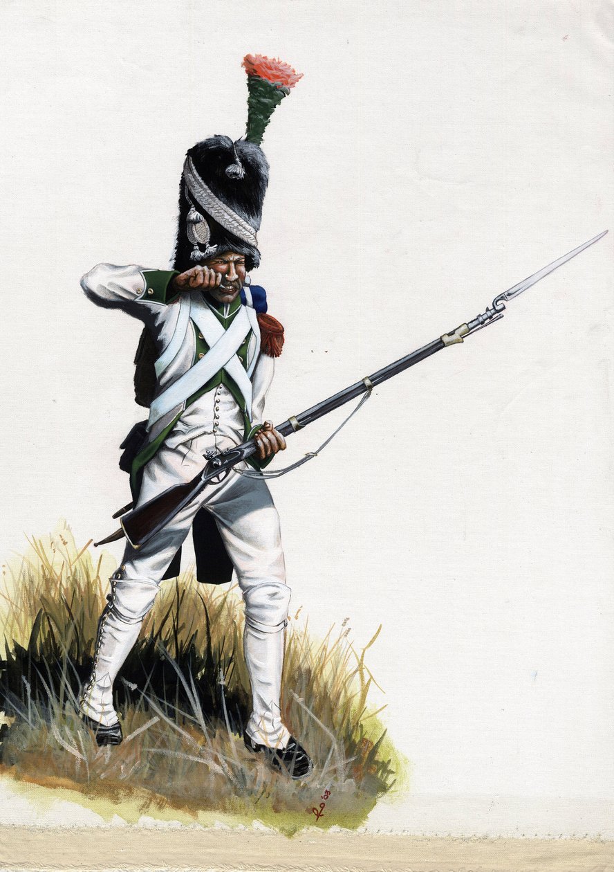 Första imperiet (1804-1814 och 1815): Velitesoldat från den stora Napoleonska armén i Italien som öppnar en patron. Teckning av Alessandro Lonati av Alessandro Lonati