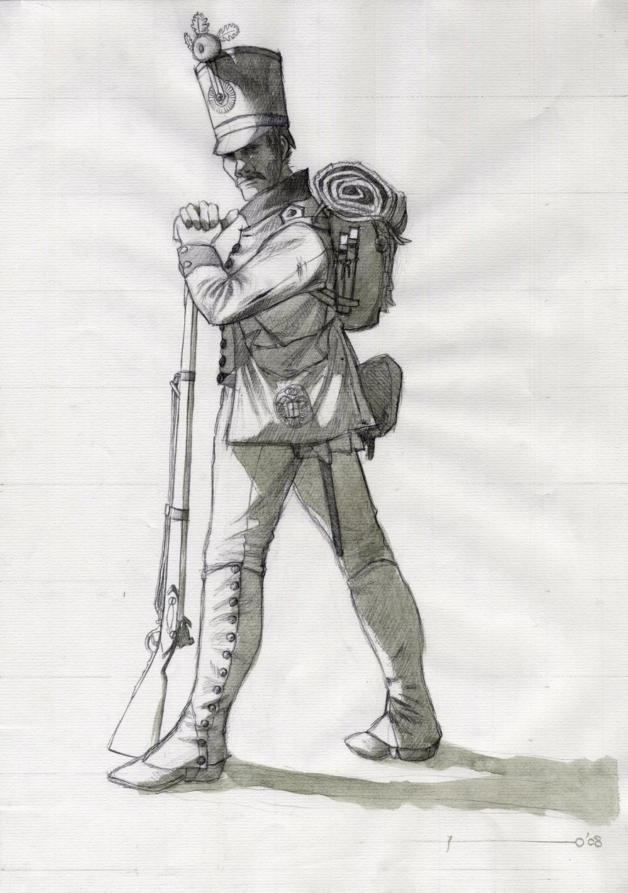 Första imperiet (1804-1814 och 1815): kostym av en infanterisoldat från linjeinfanteriet i den österrikisk-ungerska (österrikisk-ungerska) armén. Teckning av Alessandro Lonati av Alessandro Lonati