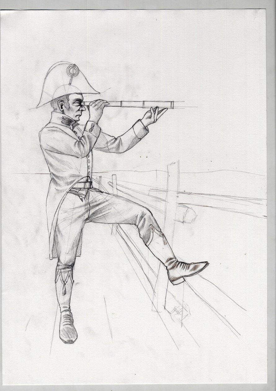 Första imperiet (1804-1814 och 1815): senior soldat från den stora franska Napoleonarmén i observation med lång sikt (långsikt). Oavslutad teckning av Alessandro Lonati. av Alessandro Lonati