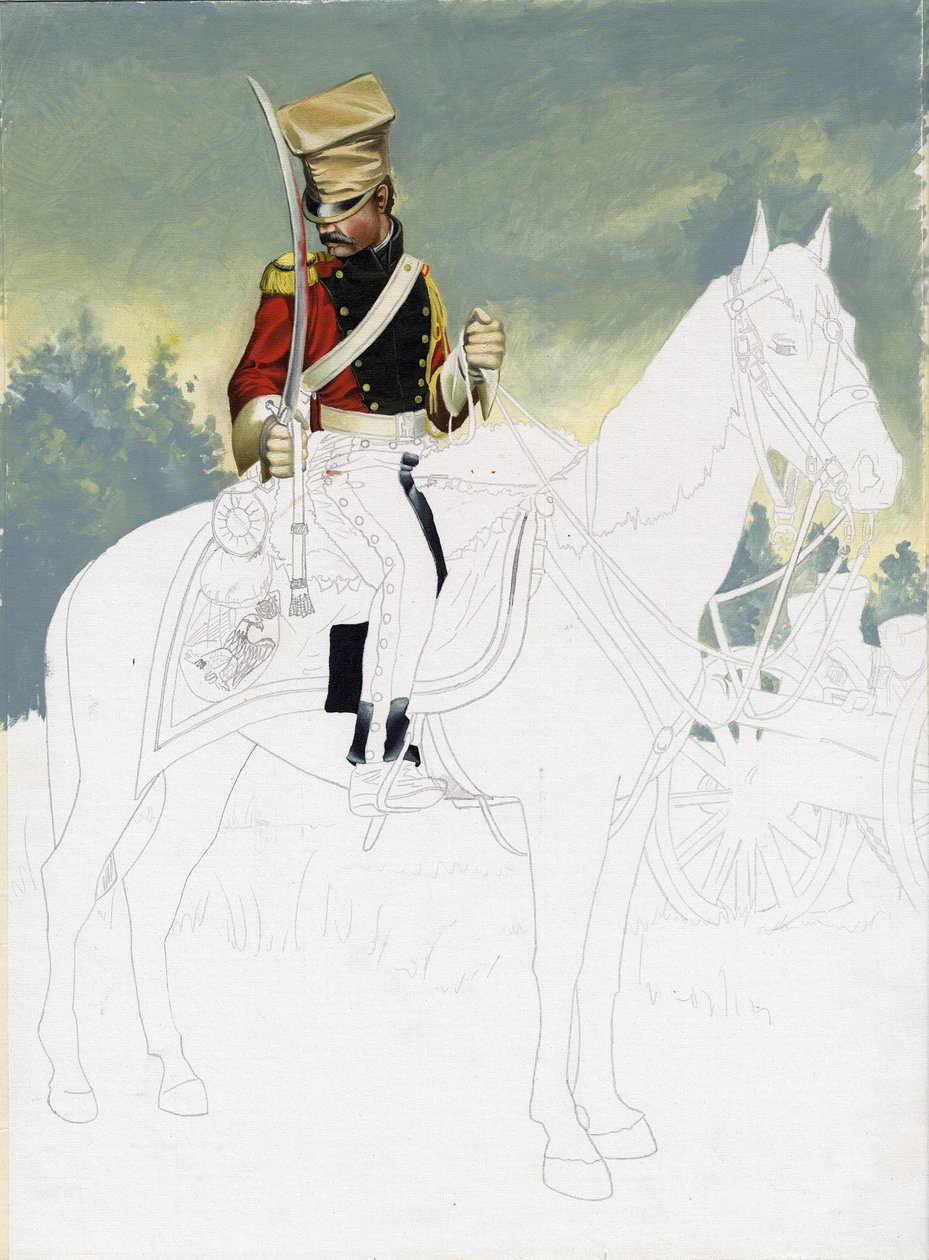 Första imperiet (1804-1814 och 1815): soldat från den stora franska Napoleonska arméns lätta kavalleri. Oavslutad teckning av Alessandro Lonati. av Alessandro Lonati