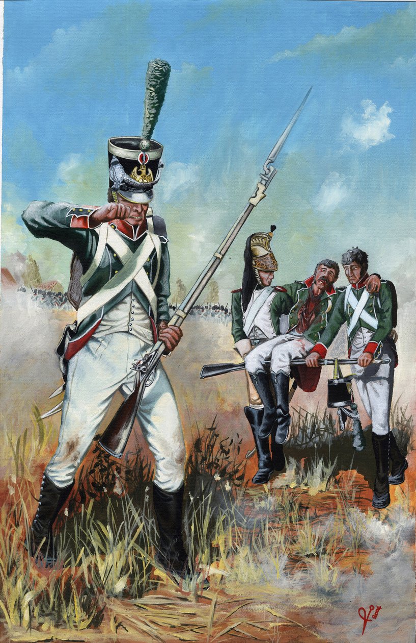 Första imperiet (1804-1814 och 1815): soldater från den stora Napoleonska armén i Italien för att hjälpa en skadad kamrat. Teckning av Alessandro Lonati av Alessandro Lonati