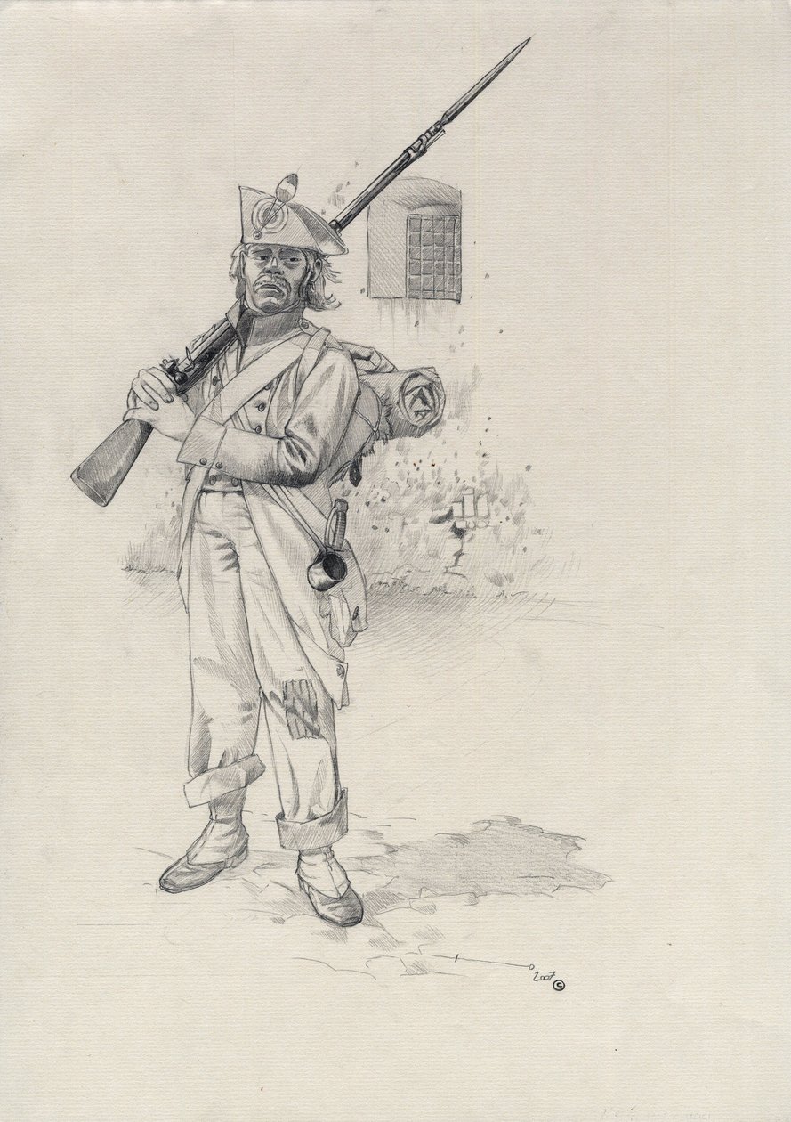 Första imperiet (1804-1814 eller 1815): soldat från Napoleonarmén, infanteristsoldat från en brigad ryttare i ett fort. Teckning av Alessandro Lonati av Alessandro Lonati
