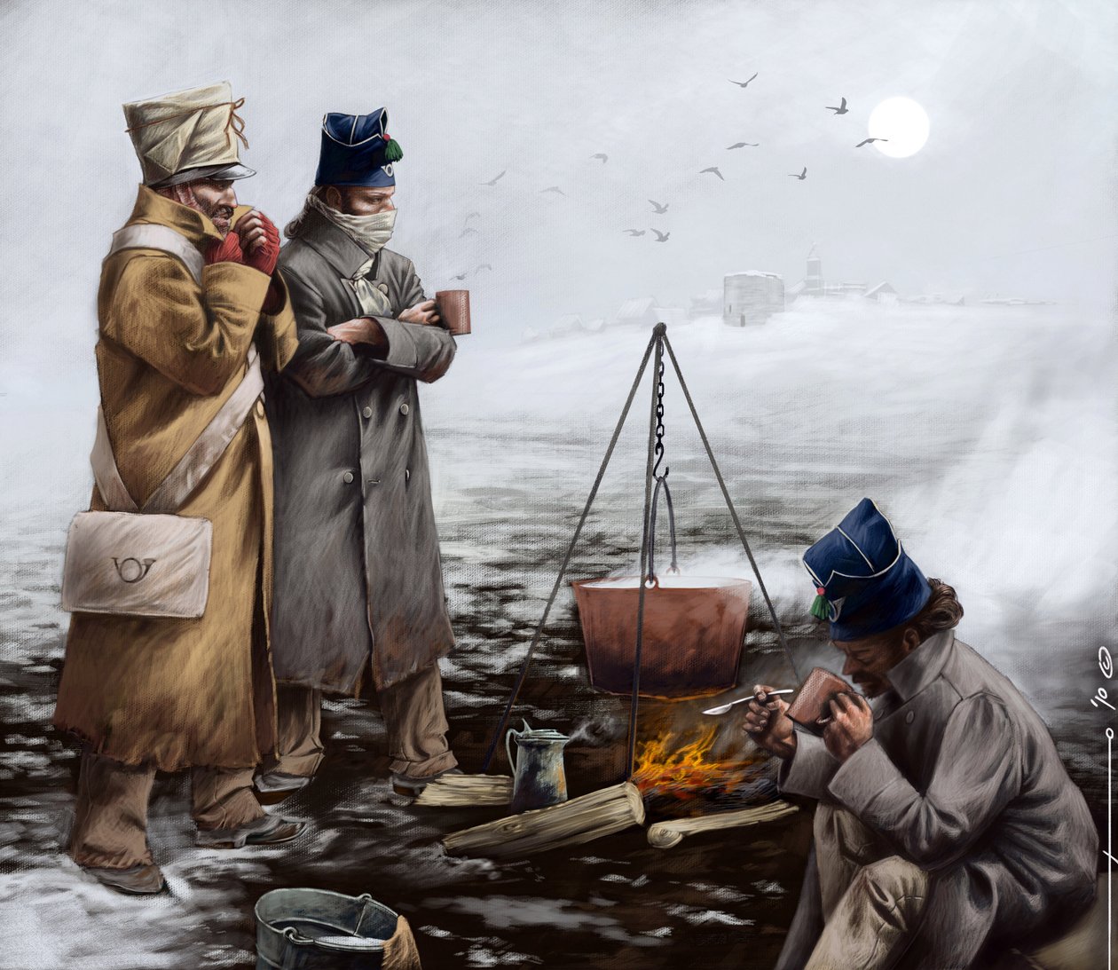 Första imperiet: Lätta infanterisoldater som värmer sig runt en eld, eller kokar grytan under Napoleon I:s fälttåg (förmodligen i Ryssland) i början av 1800-talet. Illustration av Alesandro Lonati. 2010 av Alessandro Lonati