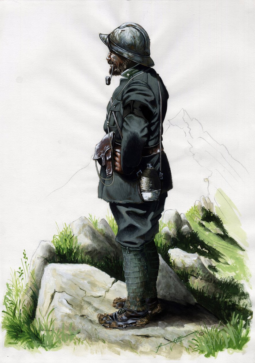 Första världskriget 1914-1918: alpjägareofficer (alpjägare) från den italienska armén på Front des Alpes. Teckning av Alessandro Lonati av Alessandro Lonati