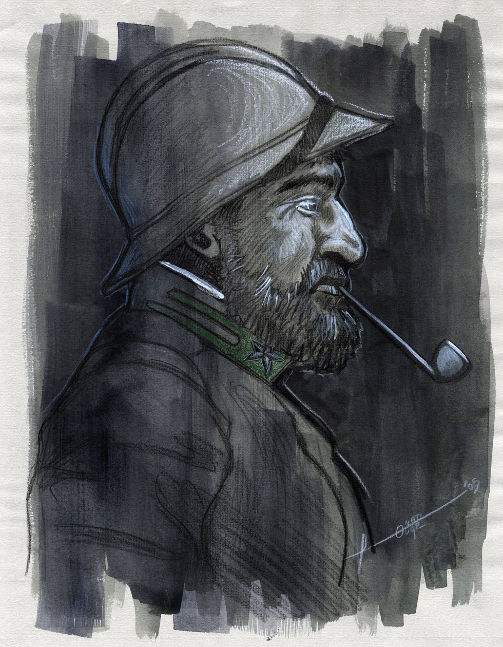 Första världskriget 1914-1918: Profilporträtt av en soldat från den italienska armén som röker pipa 1915. Teckning av Alessandro Lonati av Alessandro Lonati