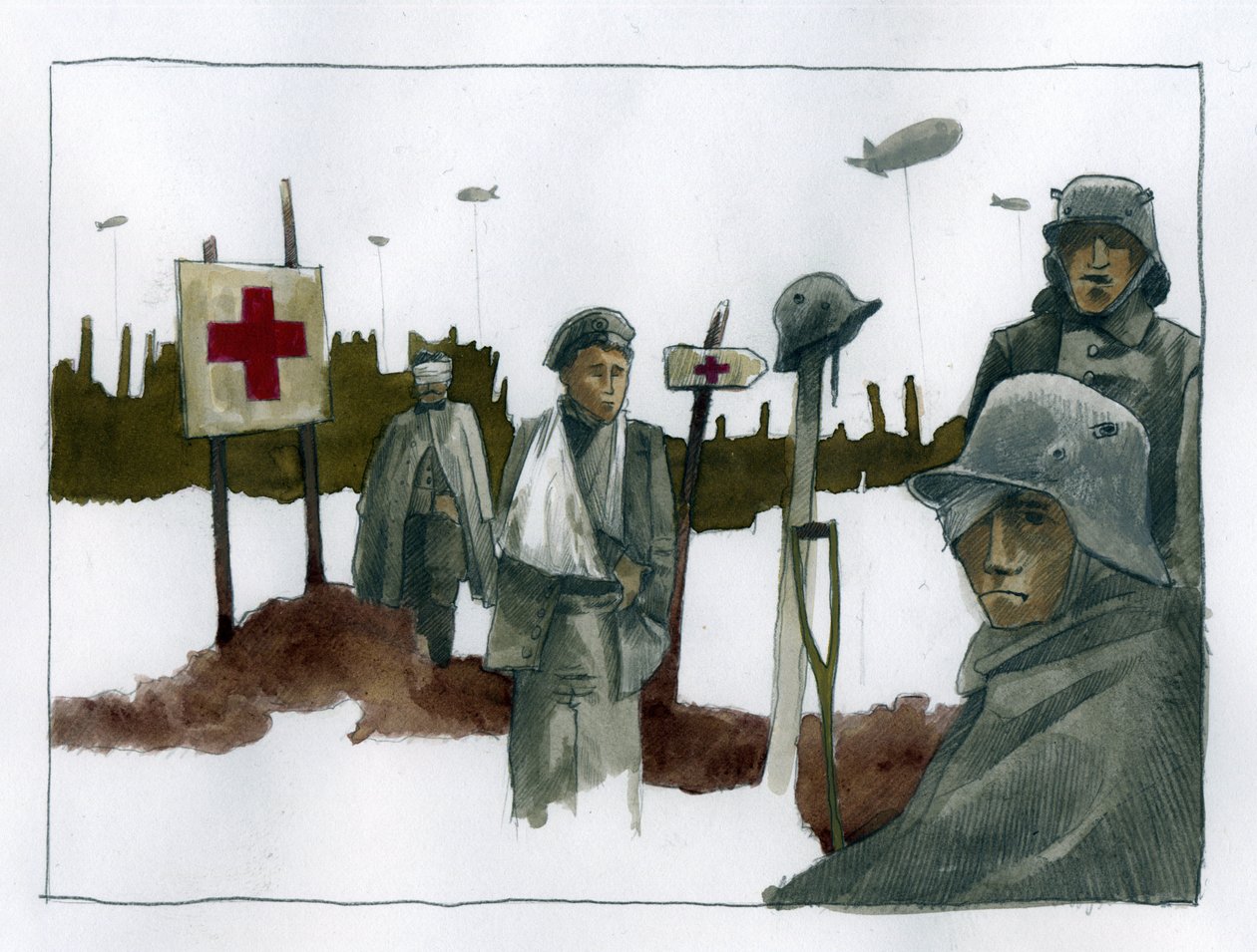 Första världskriget: Gules-cases och krigsskadade vid Röda Korsets räddningspost - 1914-1918 Illustration av Alessandro Lonati av Alessandro Lonati