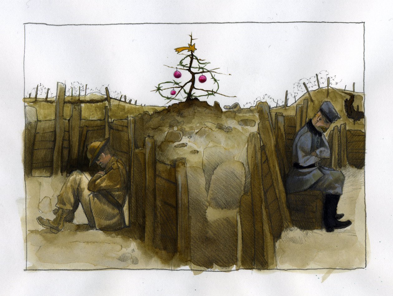 Första världskriget: ensamheten hos två fientliga soldater, brittiska (vänster) och tyska i skyttegraven, vid jultid 1914-1918 Illustration av Alessandro Lonati av Alessandro Lonati