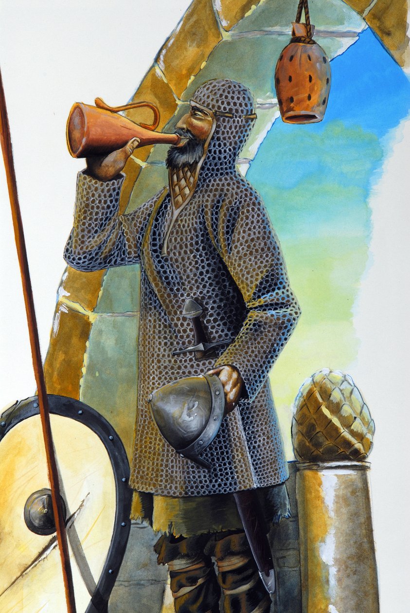 Första korståget: en kran i vila, utrustad med sin mantel av nät, dricker karaffen, hans sköld och hans spjut är placerade nära honom. Illustration av Alessandro Lonati av Alessandro Lonati
