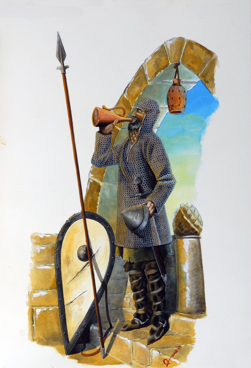 Första korståget: en vilande trana, utrustad med sin nätkappa, dricker karaffen, hans sköld och hans spjut placeras nära honom. Illustration av Alessandro Lonati av Alessandro Lonati