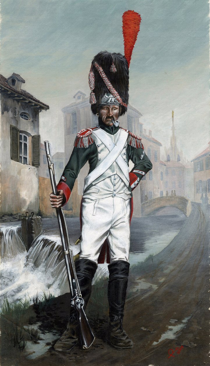 Första imperiet (1804-1814 och 1815): Italienska grenadjärsoldater nära Milanos kanal med katedralen i bakgrunden. Teckning av Alessandro Lonati av Alessandro Lonati