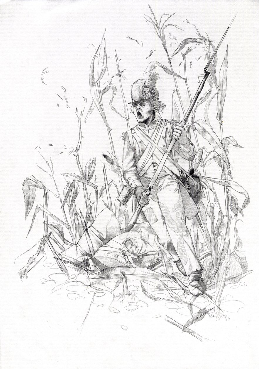 Första imperiet (1804-1814 och 1815): soldat från Napoleonska armén, infanterist stormade genom ett majsfält med en sårad kamrat. Teckning av Alessandro Lonati av Alessandro Lonati