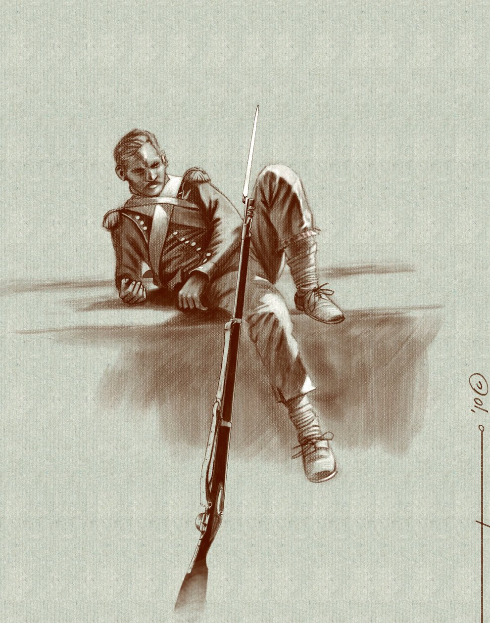 Första imperiet: lätt infanterisoldat i vila under ett fälttåg av Napoleon I (troligen i Ryssland) Början av 1800-talet. Illustration av Alesandro Lonati. 2010 av Alessandro Lonati