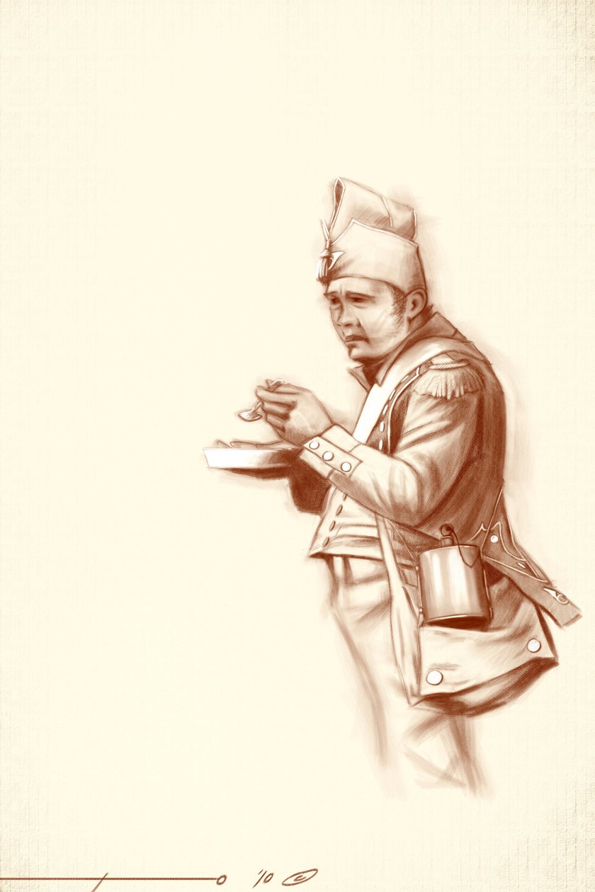 Första imperiet: lätt infanterisoldat under måltid under Napoleon I:s fälttåg (troligen i Ryssland) Början av 1800-talet. Illustration av Alesandro Lonati. 2010 av Alessandro Lonati