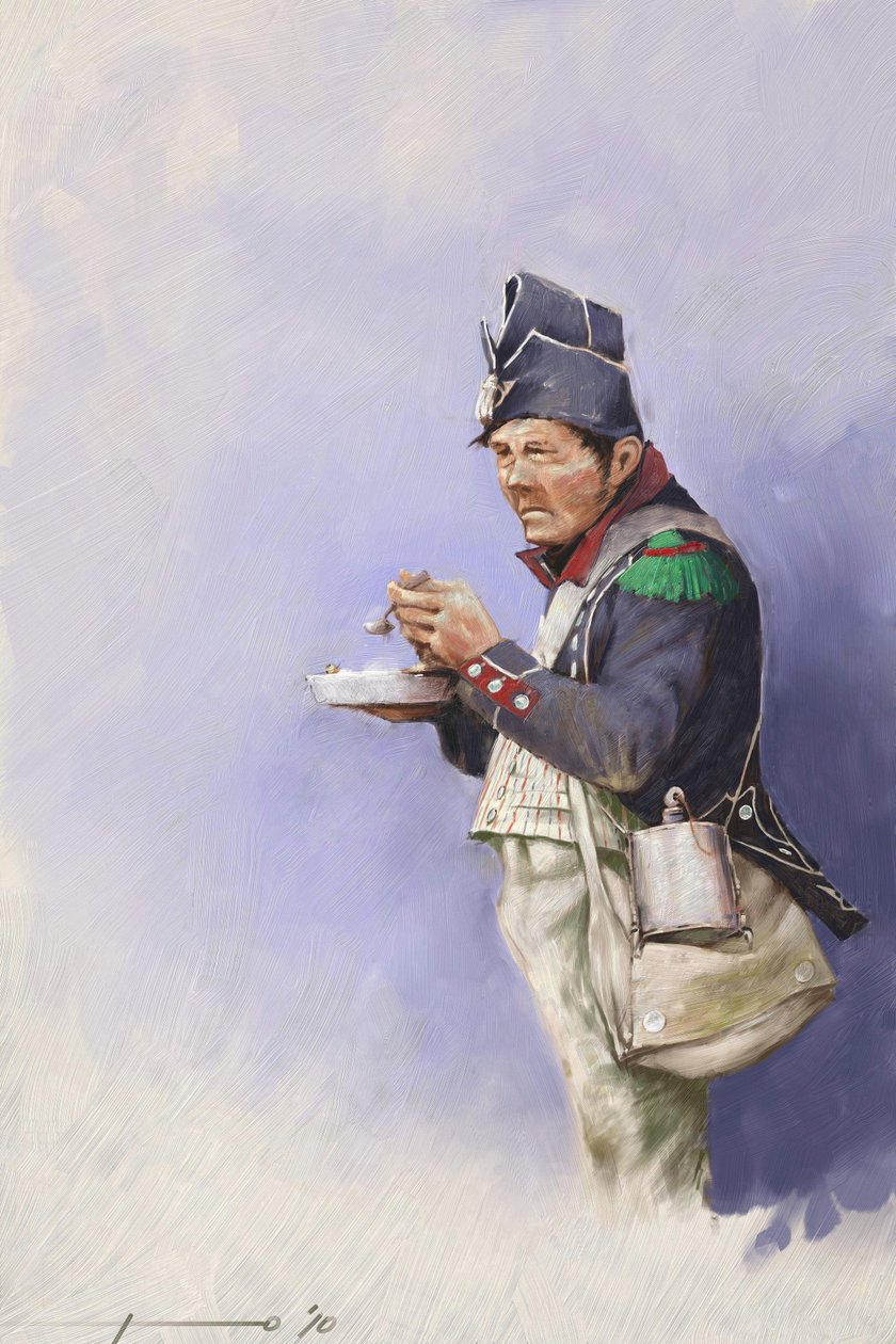 Första imperiet: lätt infanterisoldat under måltid under Napoleon I:s fälttåg (troligen i Ryssland) Början av 1800-talet. Illustration av Alessandro Lonati. 2010 av Alessandro Lonati