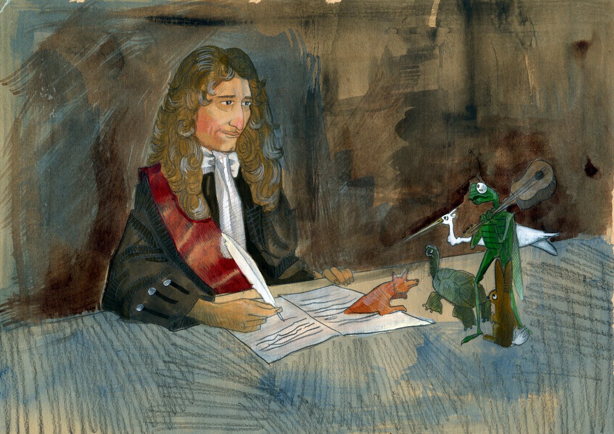 Den franske författaren Jean de la Fontaine tittar på sina karaktärer av sina fabler Illustration av Alessandro Lonati av Alessandro Lonati