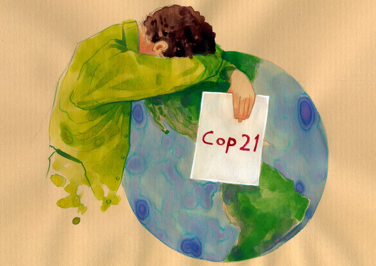 Future of the Earth, en gråtande man som i sina händer håller cop 21-skylten (2015 United Nations Climate Change Conference) som hölls i Paris som var tänkt att hitta lösningar på global uppvärmning och föroreningar) Illustration av Alessandro Lonati av Alessandro Lonati