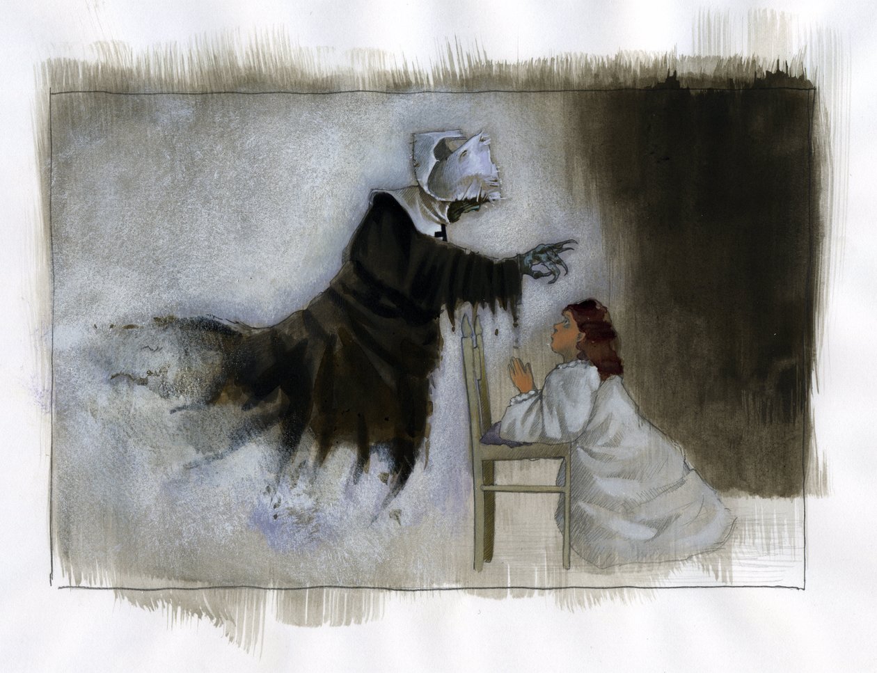 Spöke av en äldre nunna med krokiga händer dyker upp för en liten flicka som ber Illustration av Alessandro Lonati av Alessandro Lonati
