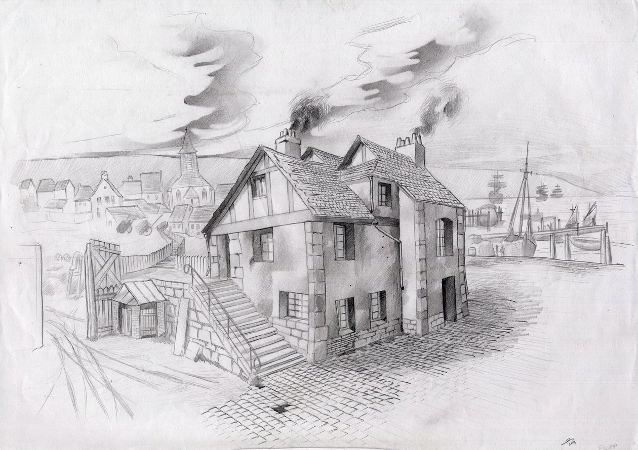 Hus i en by nära en hamn i Frankrike på 1800-talet. av Alessandro Lonati