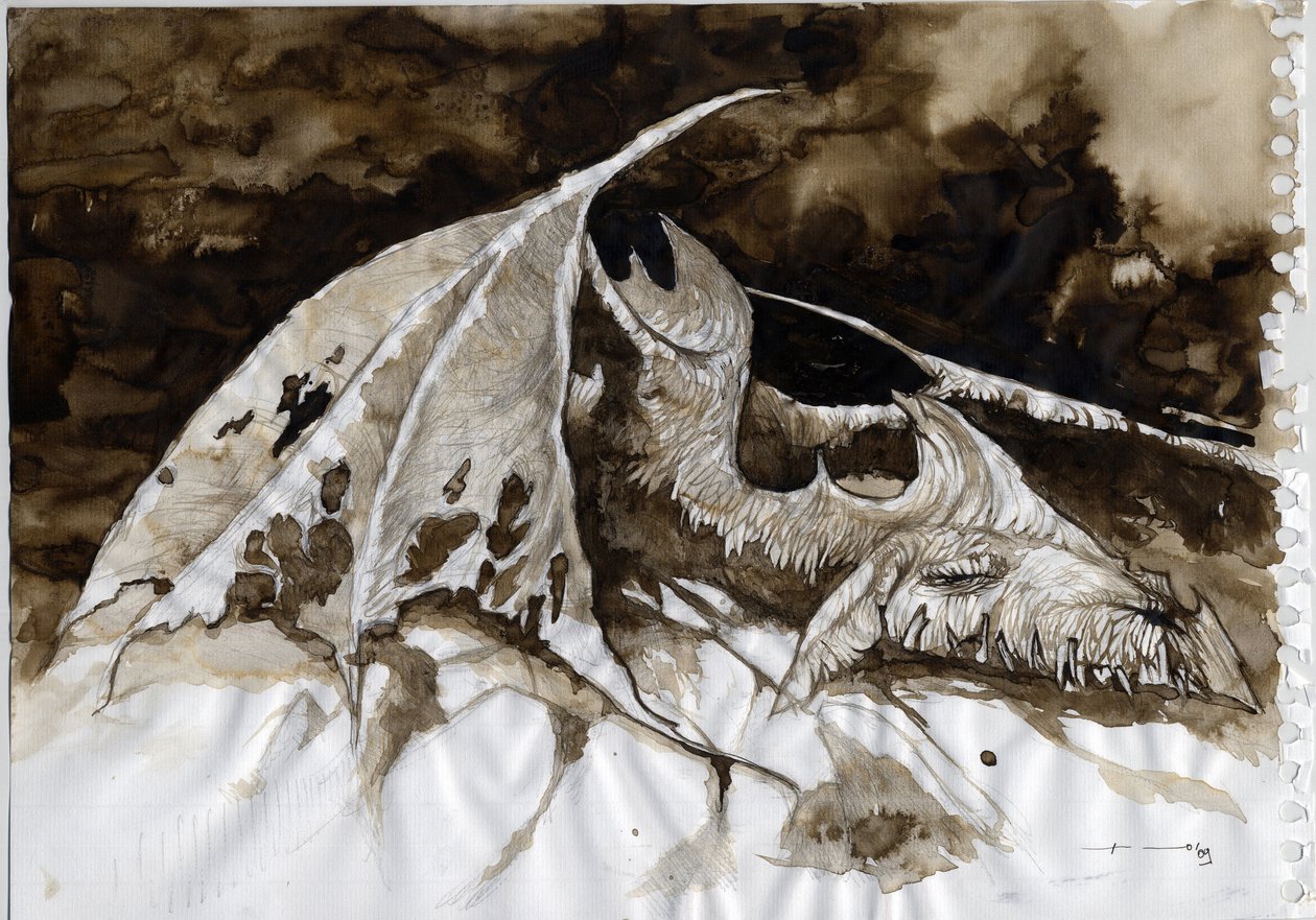 Illustration av ett fantastiskt och legendariskt djur: döda drakkroppar. Färgteckning av Alessandro Lonati. av Alessandro Lonati