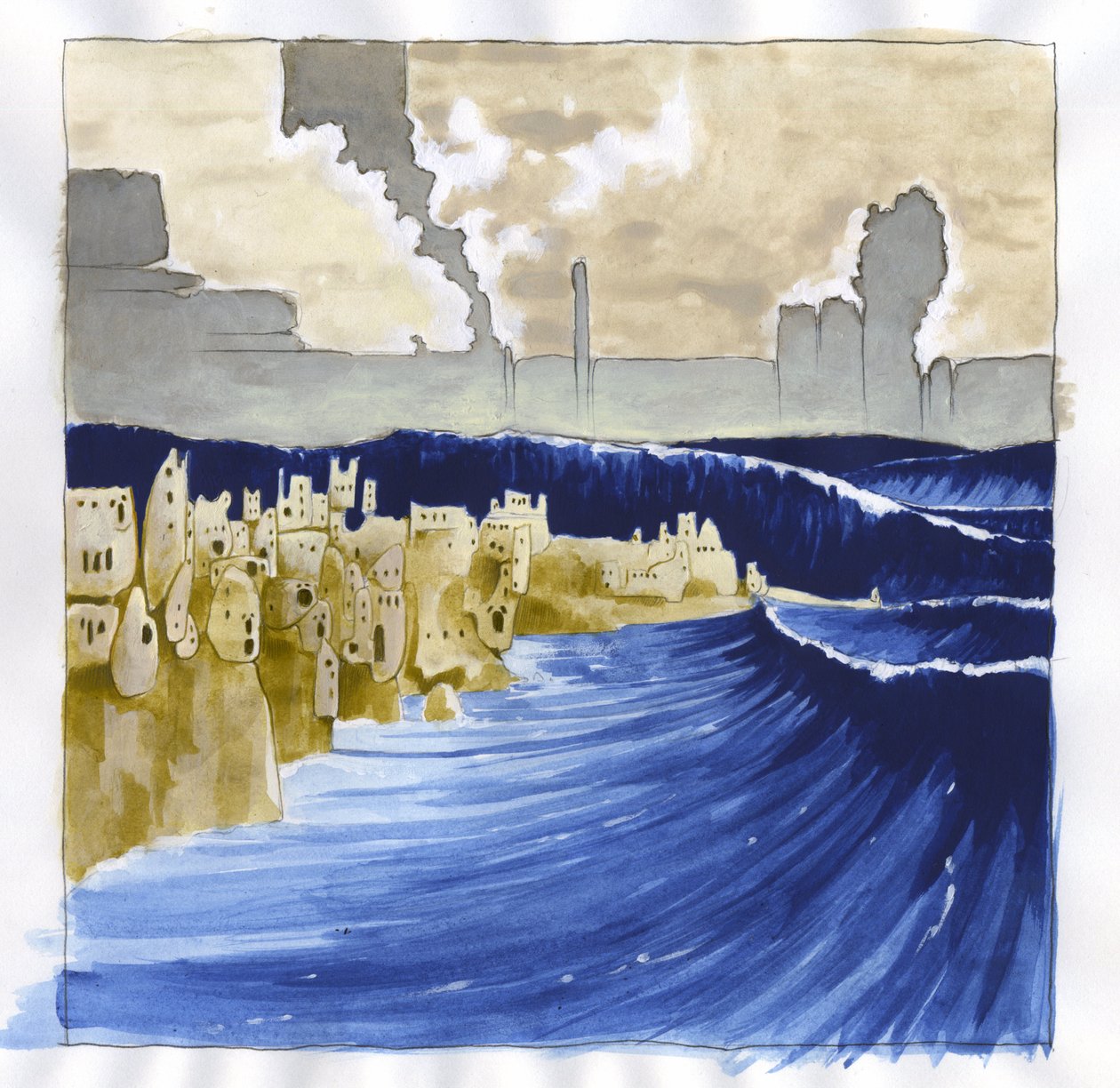 Illustration av myten om ön försvann under Atlantishavet (Atlantis): utsikt över det rastlösa havet efter vulkanens utbrott som översvämmade den legendariska ön. Färgteckning av Alessandro Lonati. av Alessandro Lonati