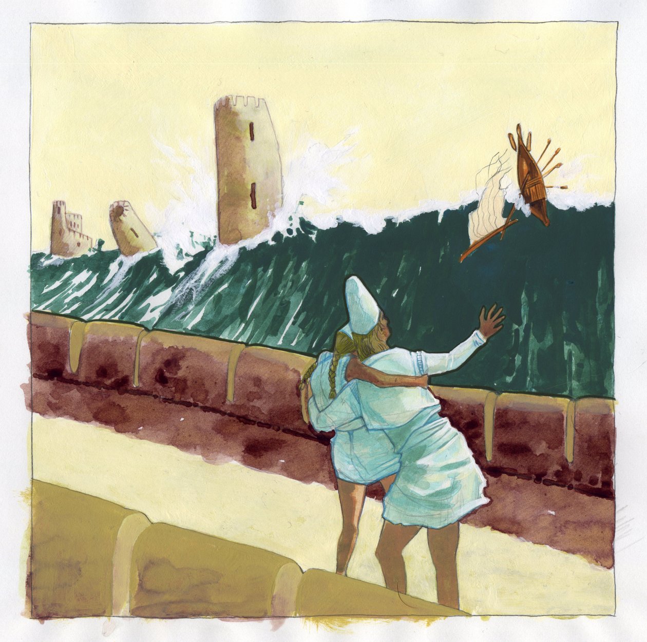 Illustration av myten om ön försvann under Atlantishavet (Atlantis): utsikt över tsunamin som översvämmar den grekiska staden på den legendariska ön. Färgteckning av Alessandro Lonati. av Alessandro Lonati