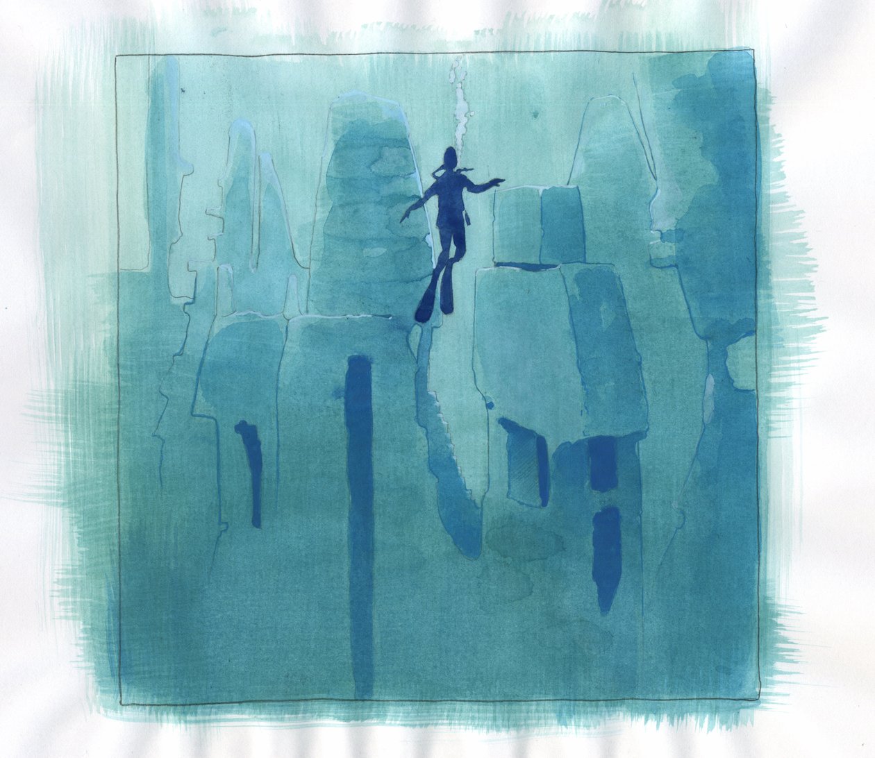 Illustration av myten om ön försvann under Atlantishavet: ruinerna av den legendariska ön i havets djup. Färgteckning av Alessandro Lonati. av Alessandro Lonati