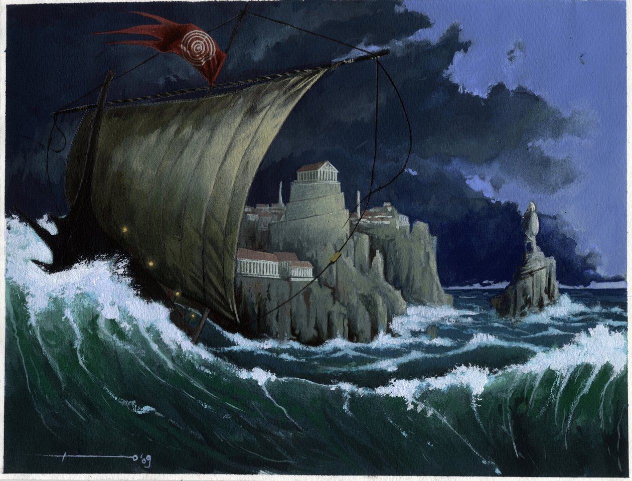 Illustration av myten om att ön försvann under Atlantishavet: utsikt över den grekiska staden på den legendariska ön innan den försvann. Färgteckning av Alessandro Lonati. av Alessandro Lonati