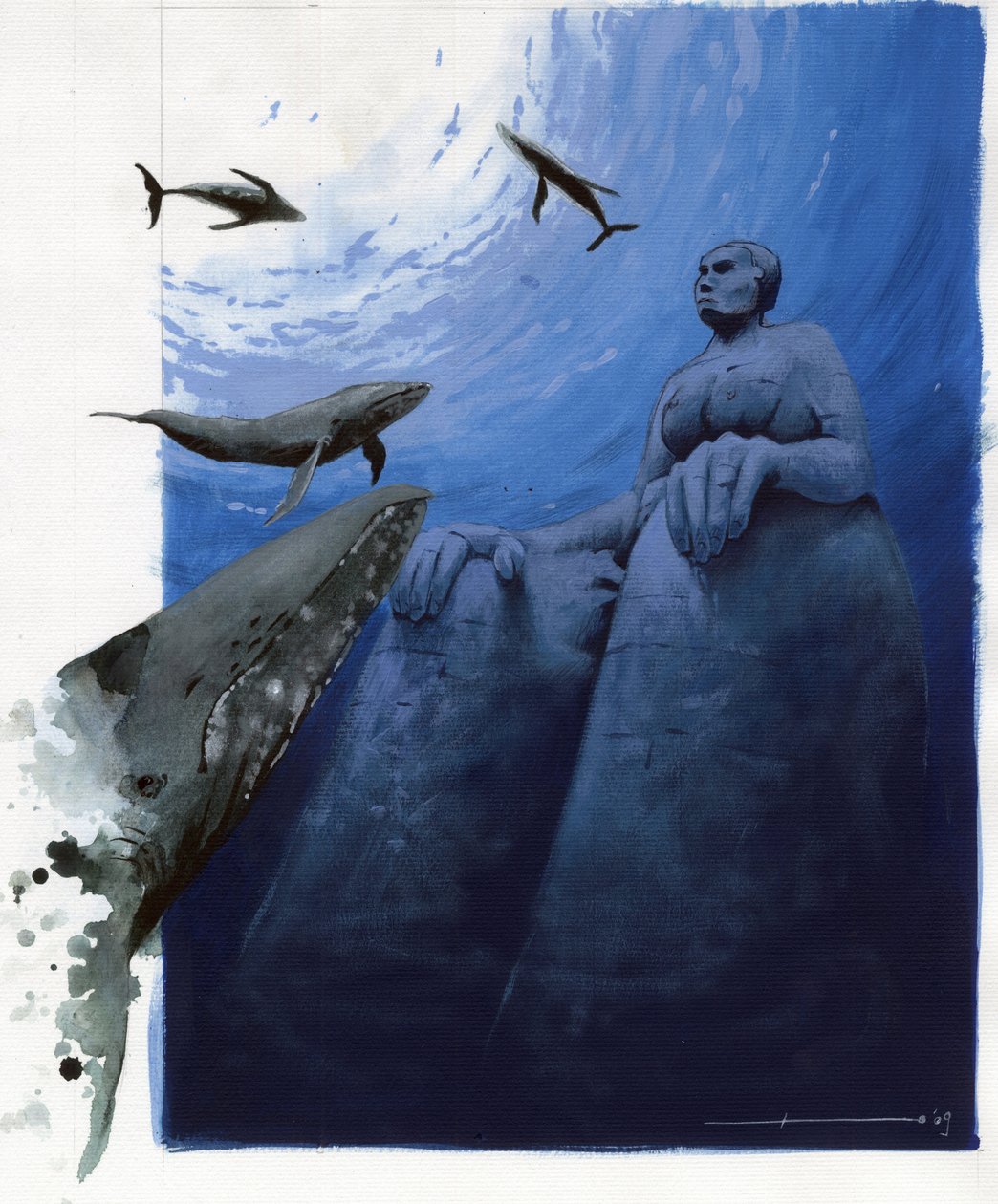 Illustration av myten om ön försvann under Atlantishavet: valar i havets djup runt ruinerna av den legendariska ön. Färgteckning av Alessandro Lonati. av Alessandro Lonati