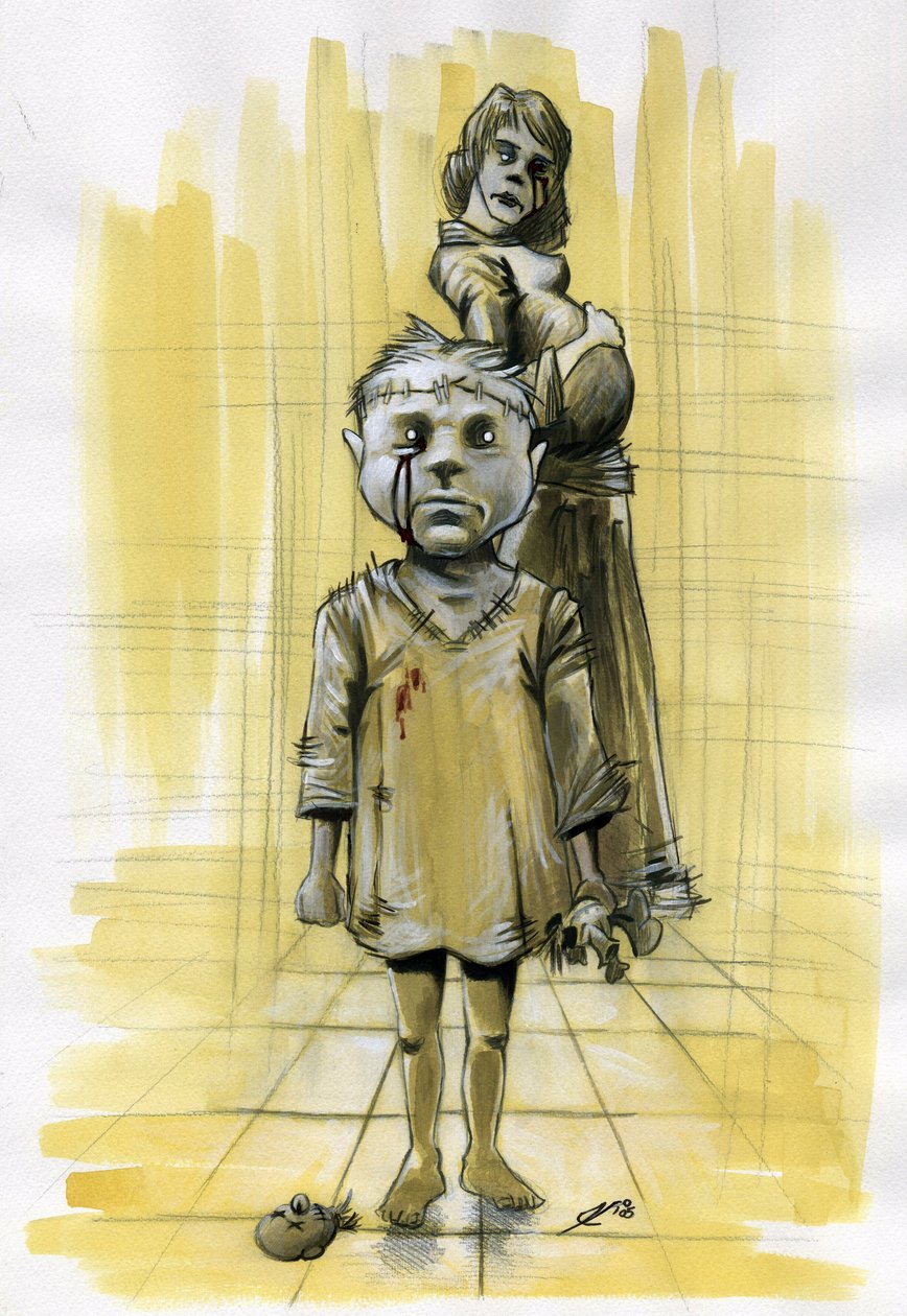 Illustration science fiction: zombies (spektrum) eller spökanden, som framkallar mardrömmen, visar ett barn med sin skalle fastsydd med en halshuggen docka och i bakgrunden en gravid mamma. Hon ser ut att ha varit med om en olycka också. Teckning av Alessa av Alessandro Lonati