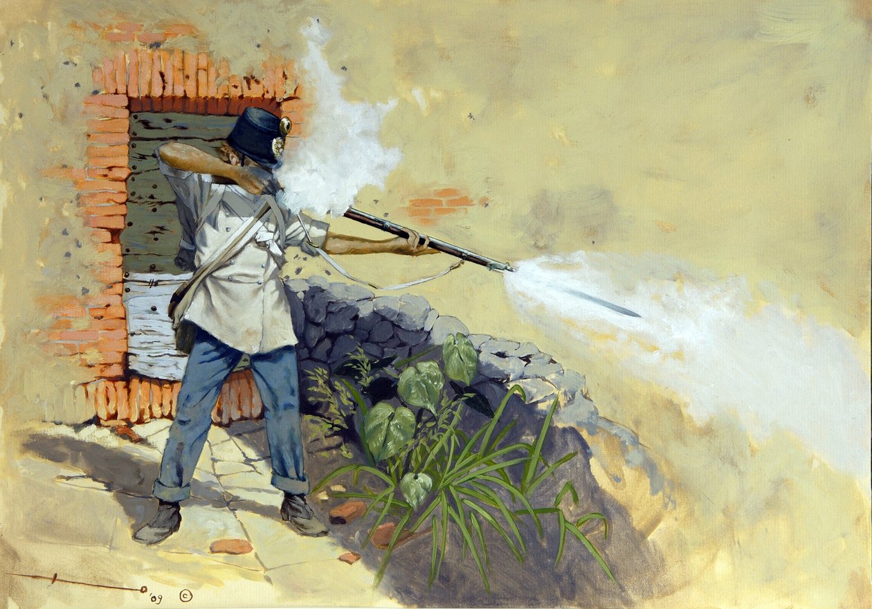 Italiensk kampanj: en österrikisk infanterist som öppnar eld i slaget vid Solferino mellan det österrikisk-ungerska riket Francois-Joseph (Francois Joseph) I av Österrike och den fransk-sardiska koalitionen av Napoleon III och Victor Emmanuel II (Victor-Em av Alessandro Lonati