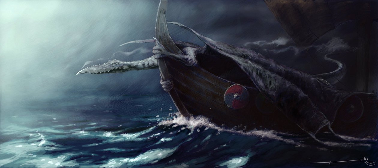 Legendary Creature: Dragon Attacking a Drakkar (Viking Boat) Teckning av Alessandro Lonati av Alessandro Lonati