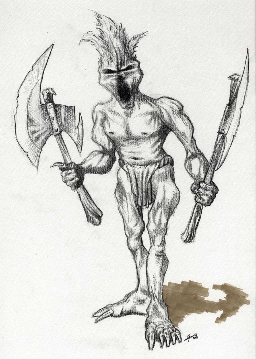 Legendariskt monster för Fantasy Illustration: trollkrigare med yxor. Teckning av Alessandro Lonati av Alessandro Lonati