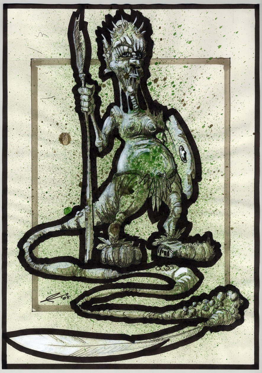 Legendariskt monster för Fantasy-illustration: ansiktet på en stamvarelse eller krigare med spjut, sköld och fjädersvans. Teckning av Alessandro Lonati av Alessandro Lonati